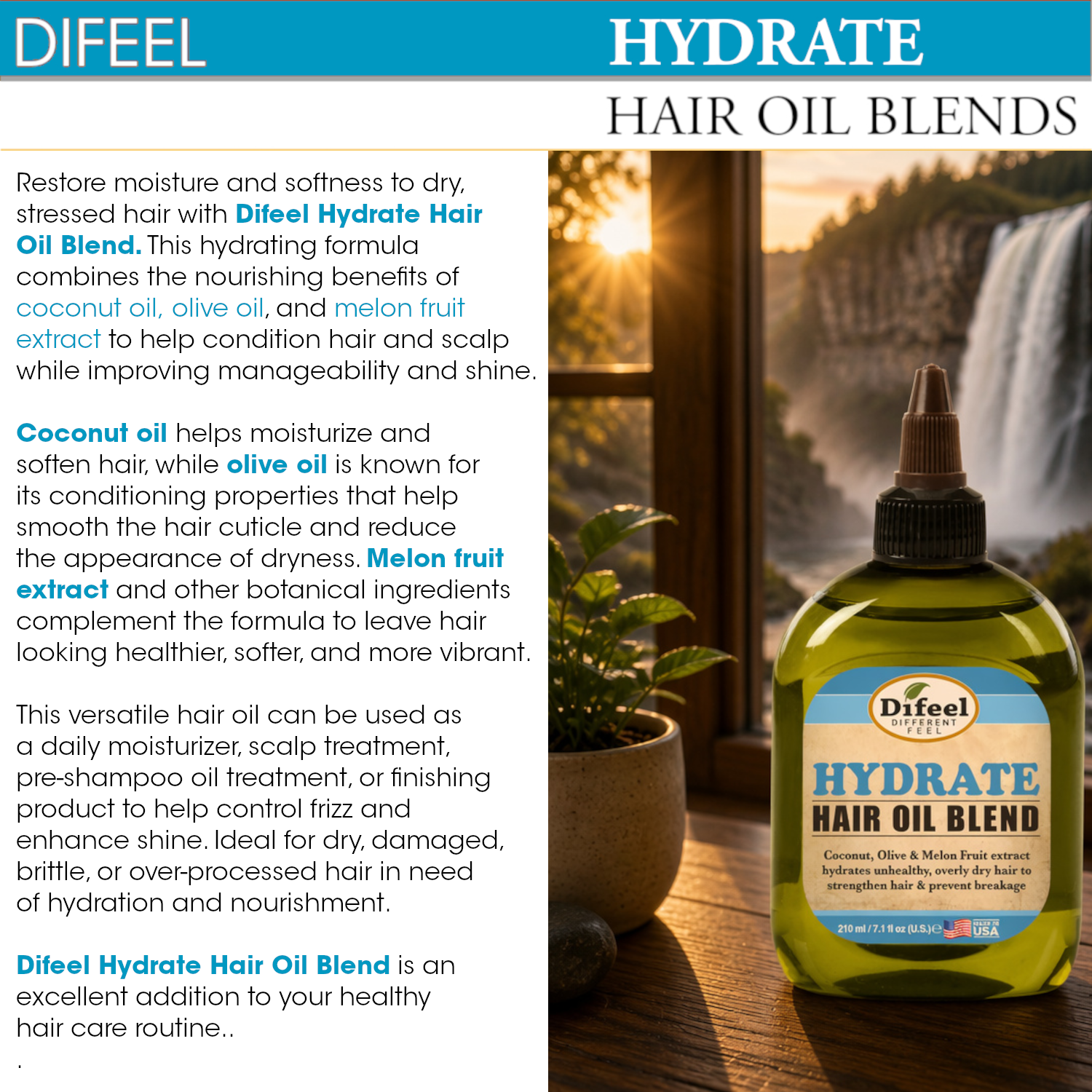 Difeel Hydrate Hair Oil Blend 7.1 Ounce (PACK OF 2)