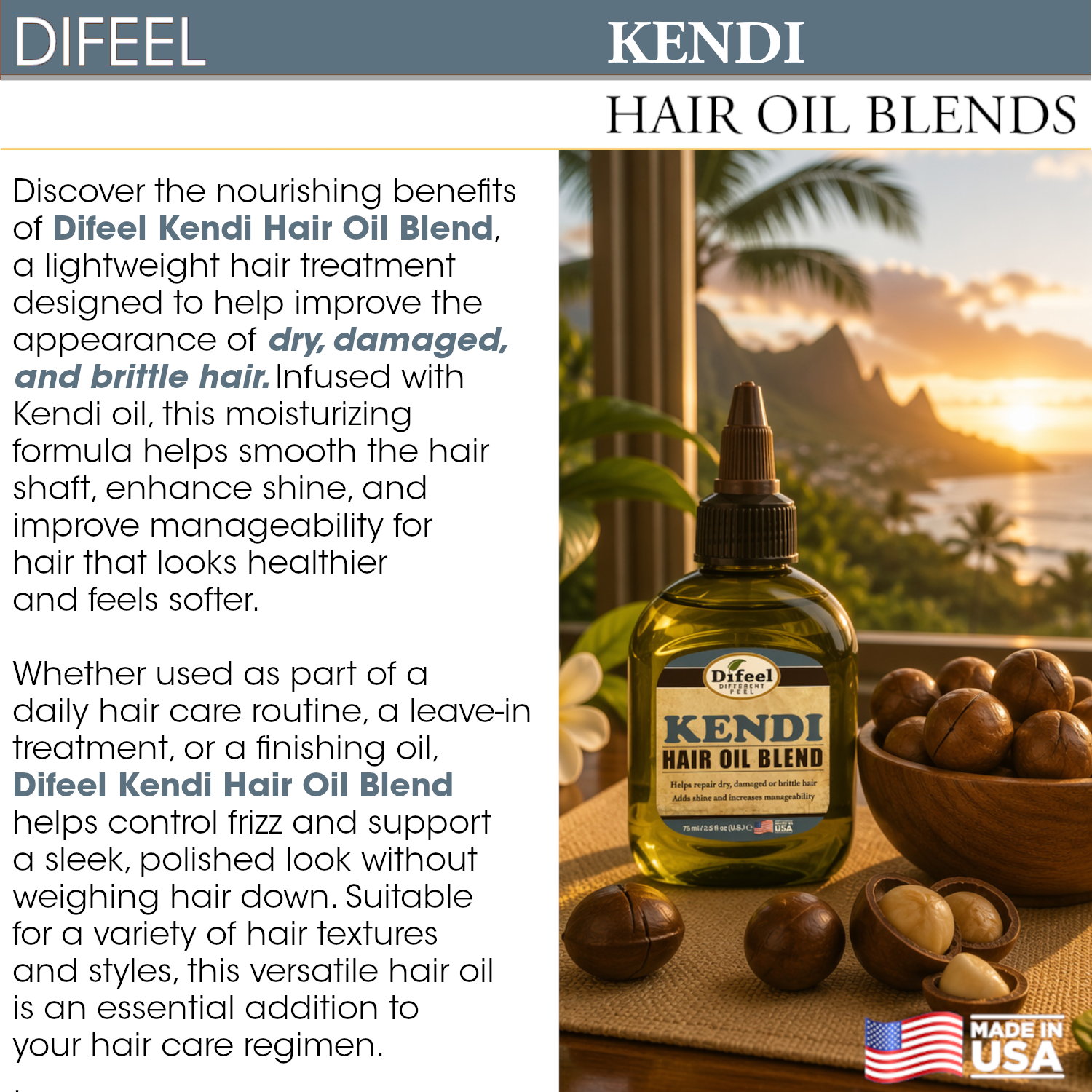 Difeel Kendi Hair Oil Blend for Damaged Hair - Travel Size 2.5 oz.