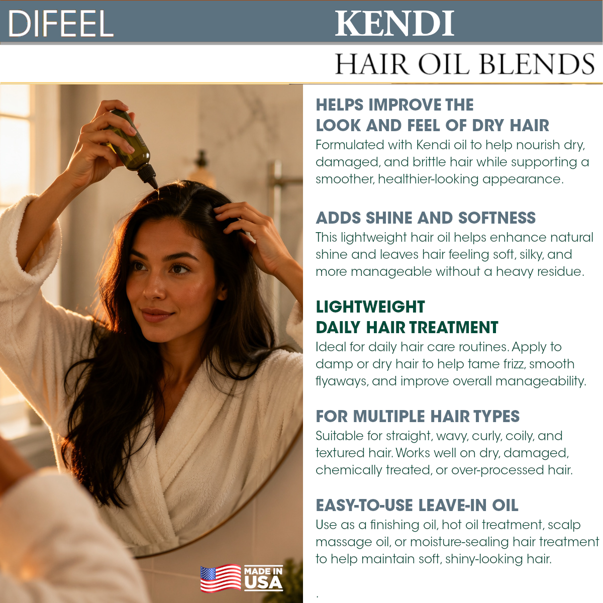 Difeel Kendi Hair Oil Blend for Damaged Hair - Travel Size 2.5 oz.