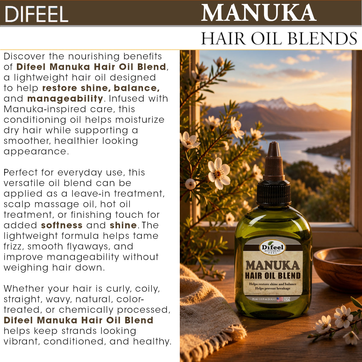 Difeel Manuka Hair Oil Blend - Travel Size 2.5 oz. (PACK OF 2)
