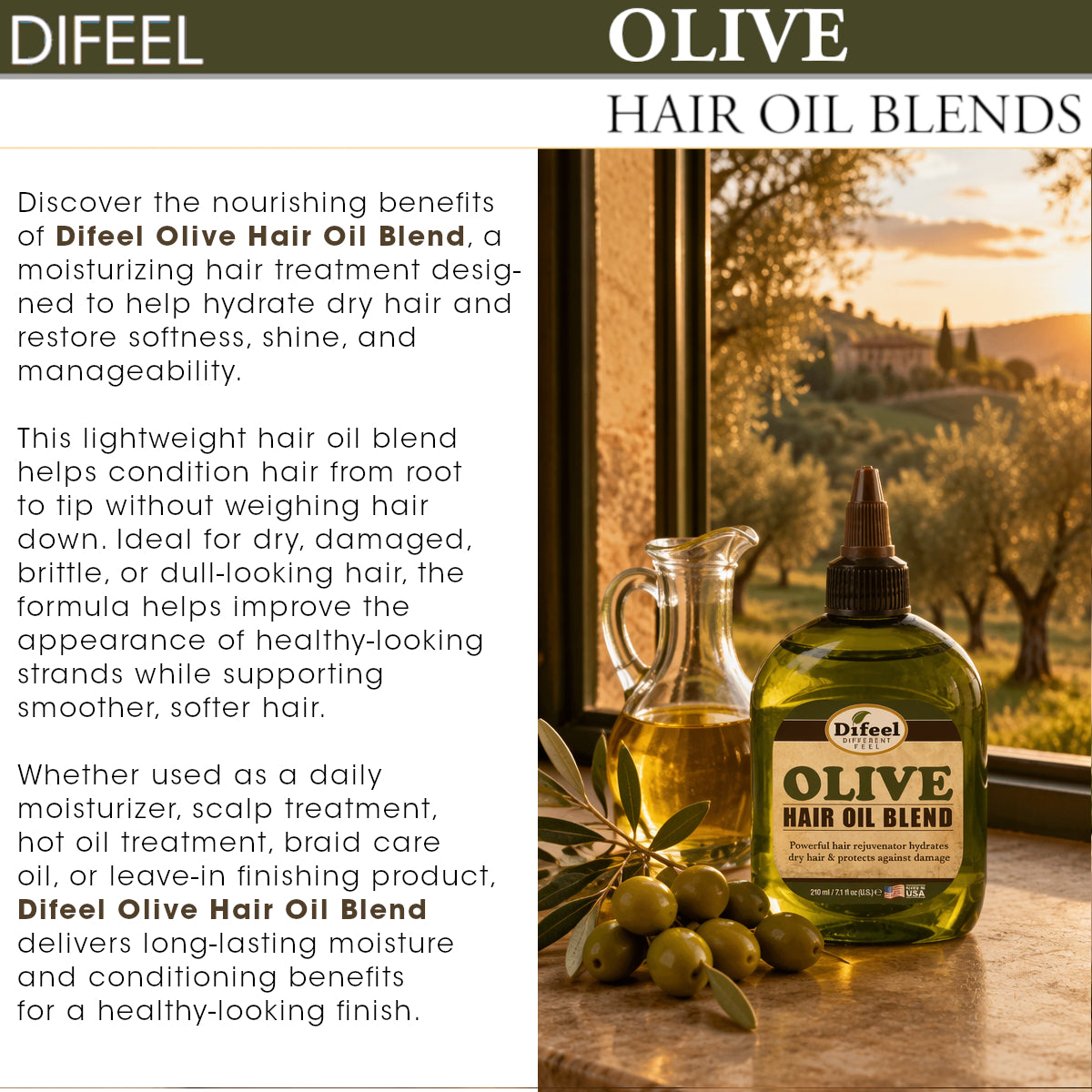 Difeel Olive Hair Oil Blend - Travel Size 2.5 oz. (PACK OF 2)