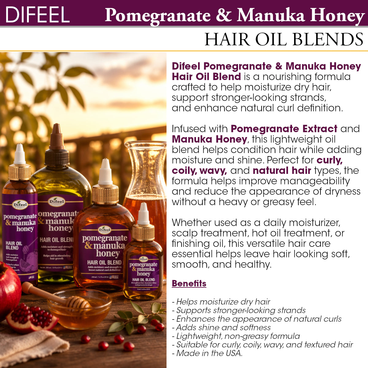 Difeel Elevated Pomegranate & Manuka Honey Hair Oil Blend - Travel Size 2.5 oz.