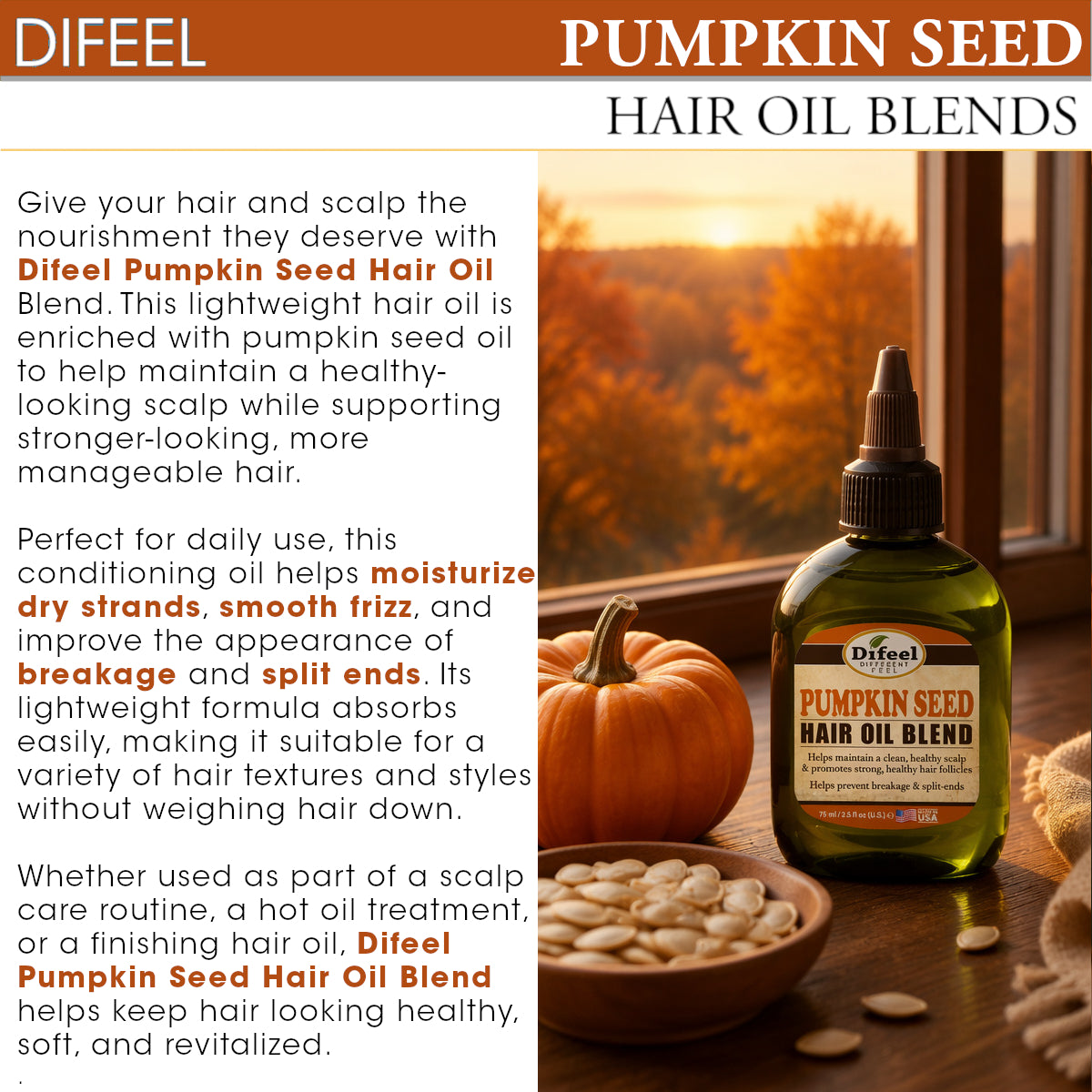 Difeel Pumpkin Seed Hair Oil Blend - Travel Size 2.5 oz. (PACK OF 2)