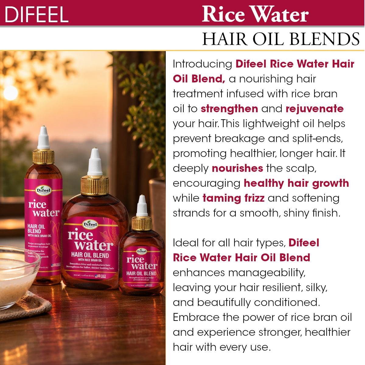 Difeel Rice Water Hair Oil Blend - Travel Size 2.5 oz.