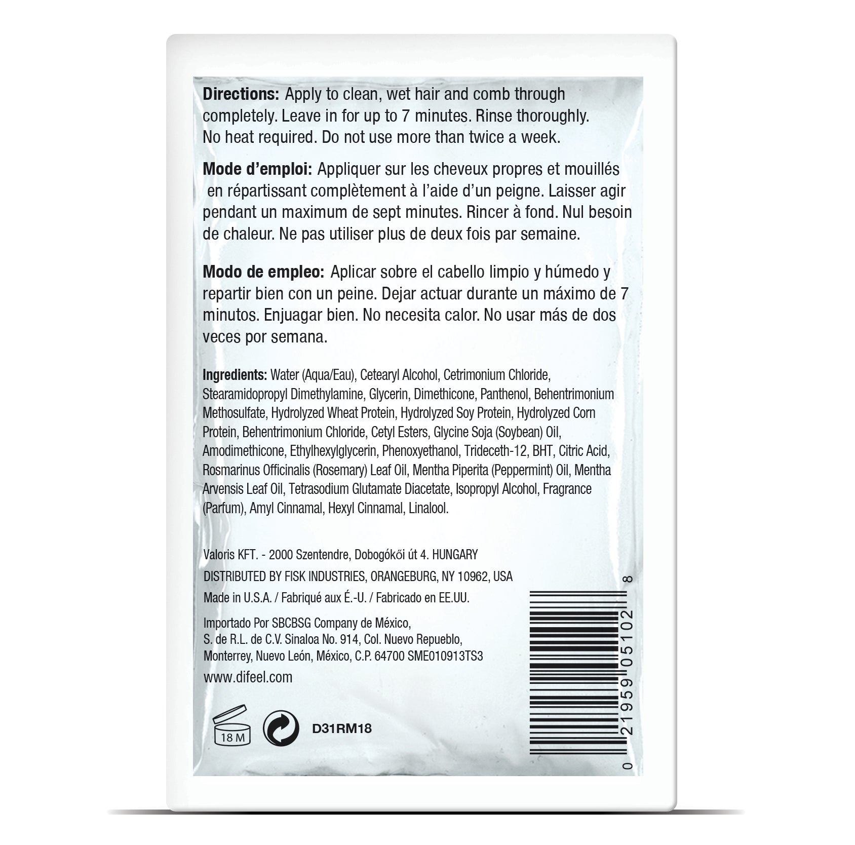 Difeel Rosemary and Mint Strengthening Hair Mask with Biotin Packet 1.75 oz.