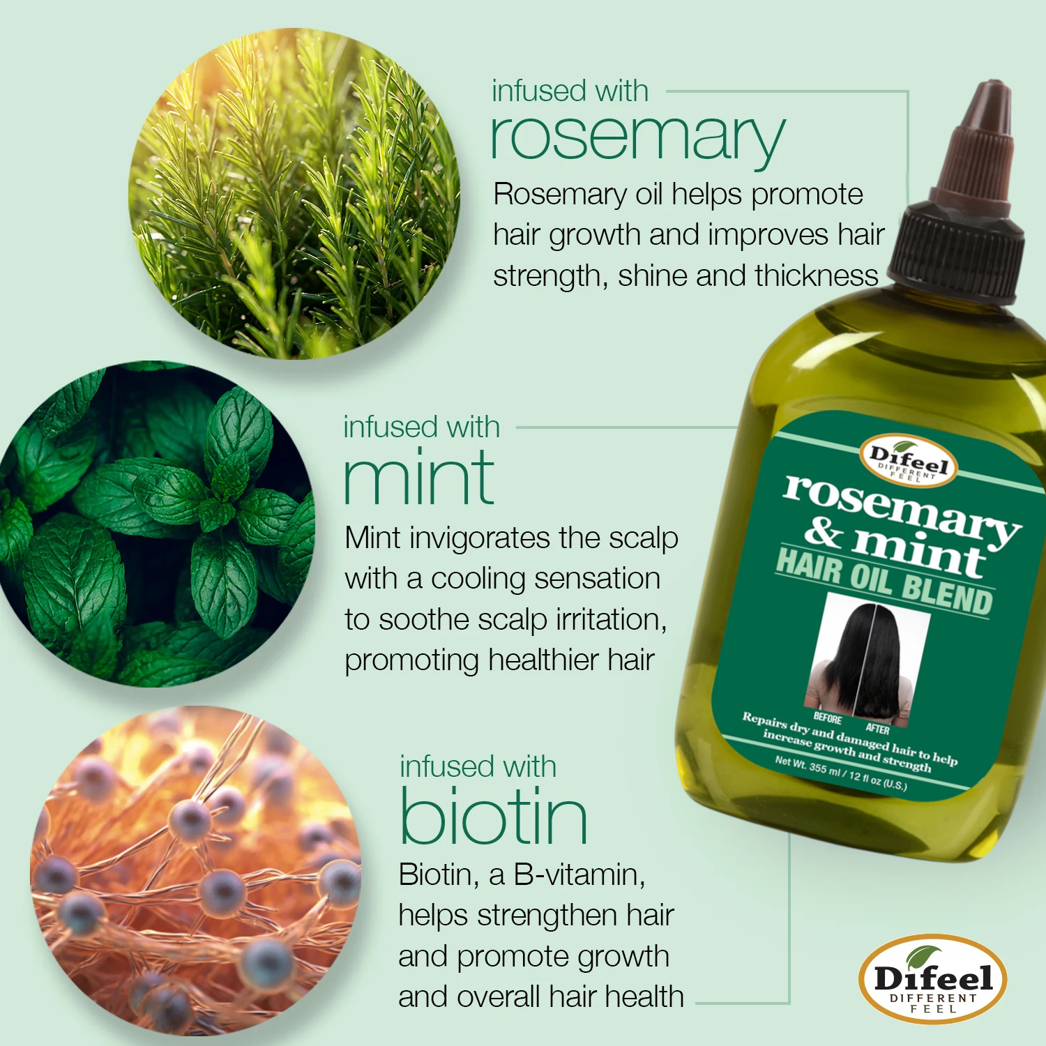 Difeel Rosemary and Mint Infused with Biotin Hair Oil Blend 7.1 oz.