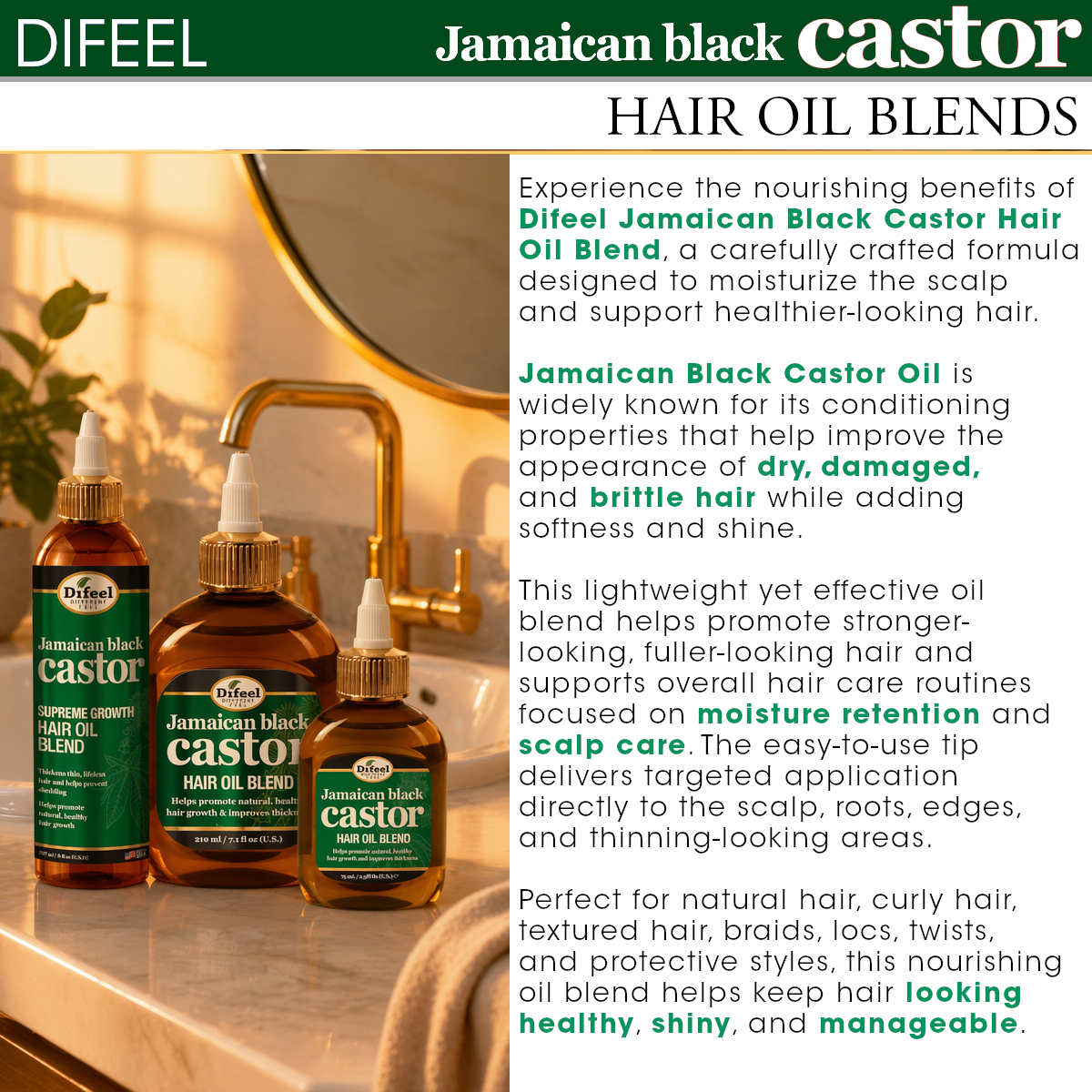 Difeel Superior Growth Jamaican Black Castor Hair Oil Blend 7.1 oz. - Deluxe 2-PC Gift Set
