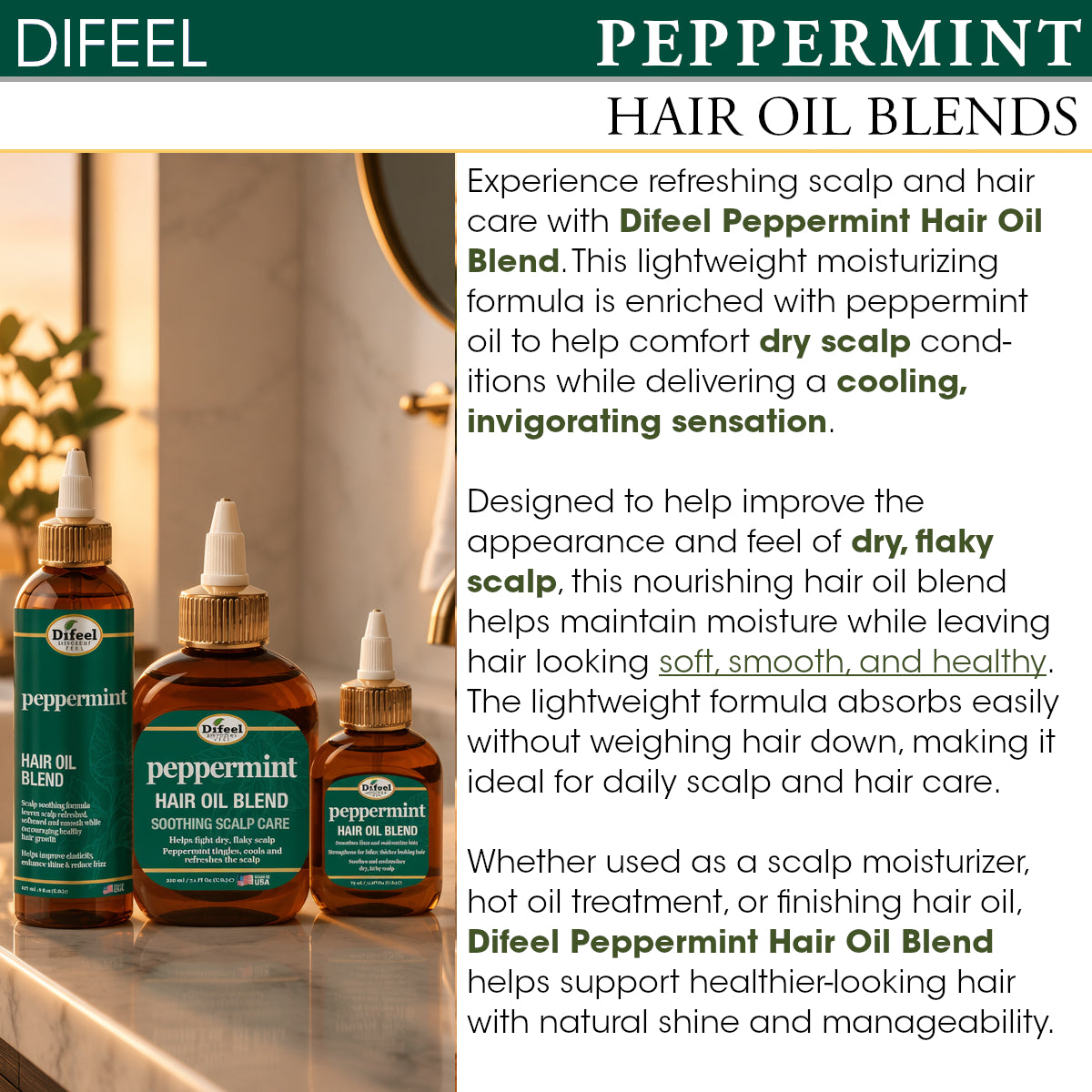 Difeel Peppermint Scalp Care Hair Oil Blend 7.1 oz.- Deluxe 2-PC Gift Set