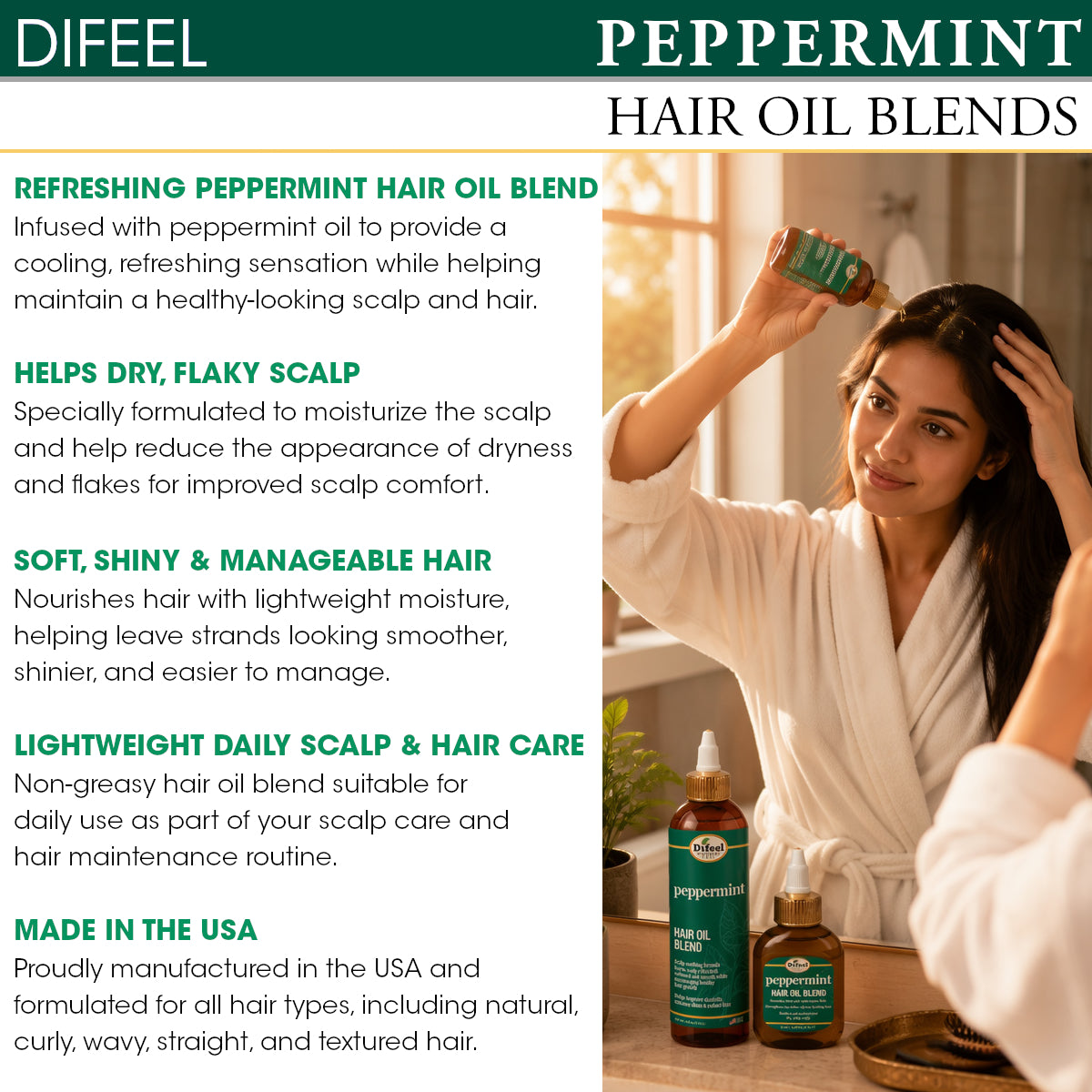 Difeel Peppermint Scalp Care Hair Oil Blend 7.1 oz.- Deluxe 2-PC Gift Set