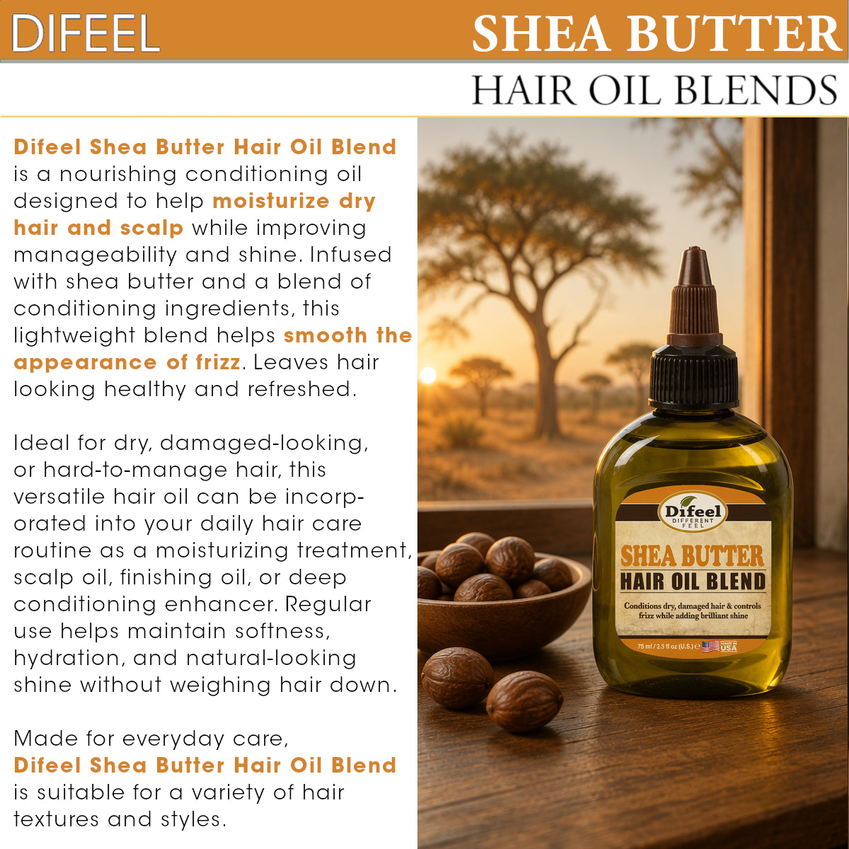 Difeel Shea Butter Hair Oil Blend - Travel Size 2.5 oz. (PACK OF 2)