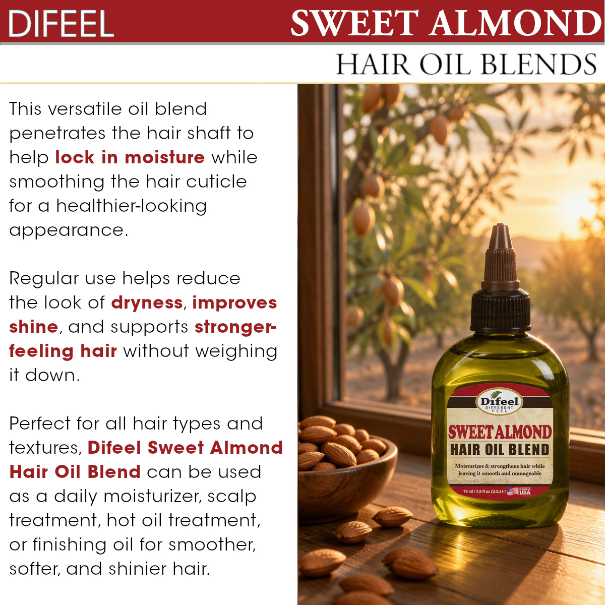 Difeel Premium Natural Hair Oil - Sweet Almond Oil 2.5 oz. (PACK OF 2)