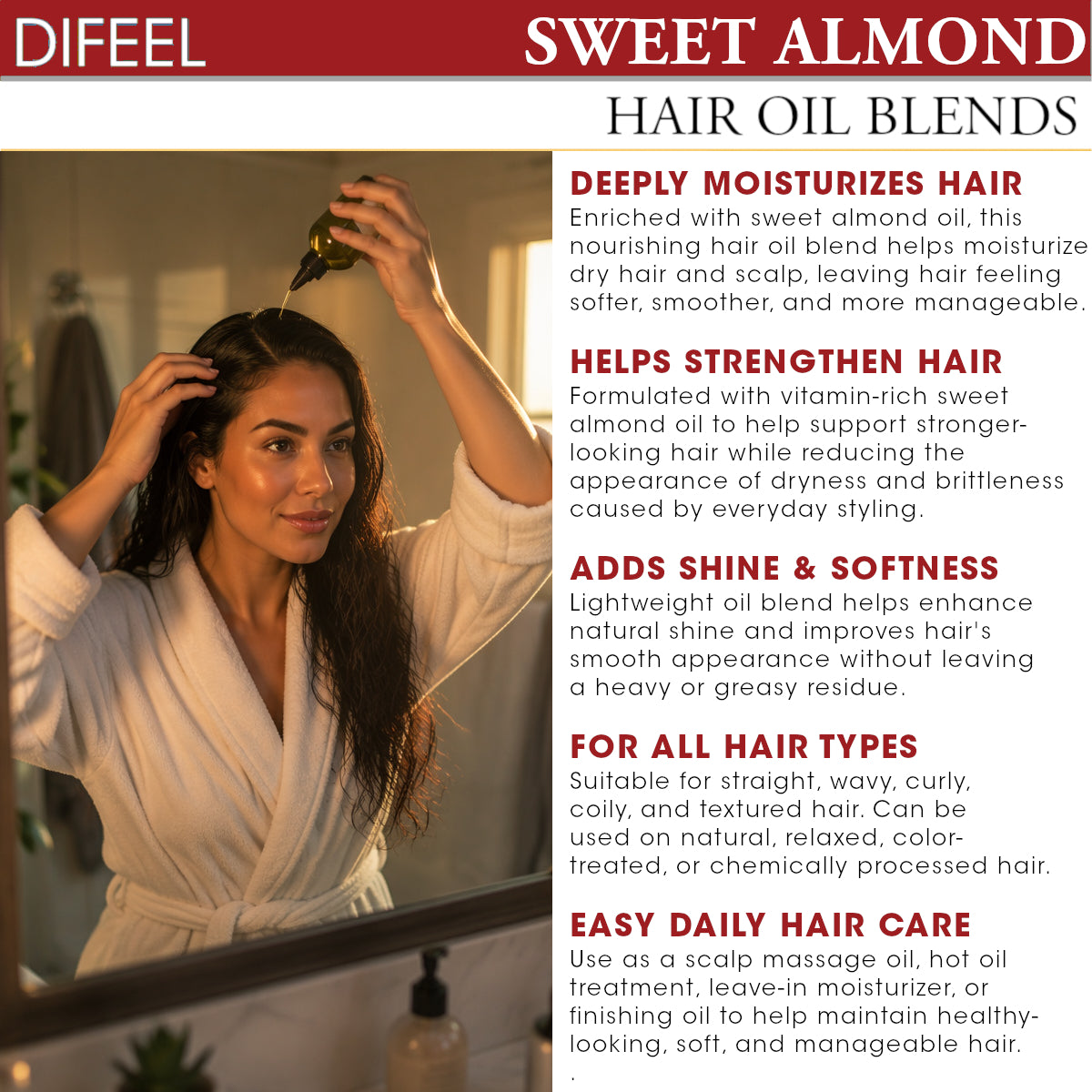 Difeel Premium Natural Hair Oil - Sweet Almond Oil 2.5 oz. (PACK OF 2)