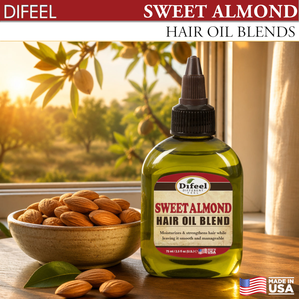 Difeel Premium Natural Hair Oil - Sweet Almond Oil 2.5 oz. (PACK OF 2)