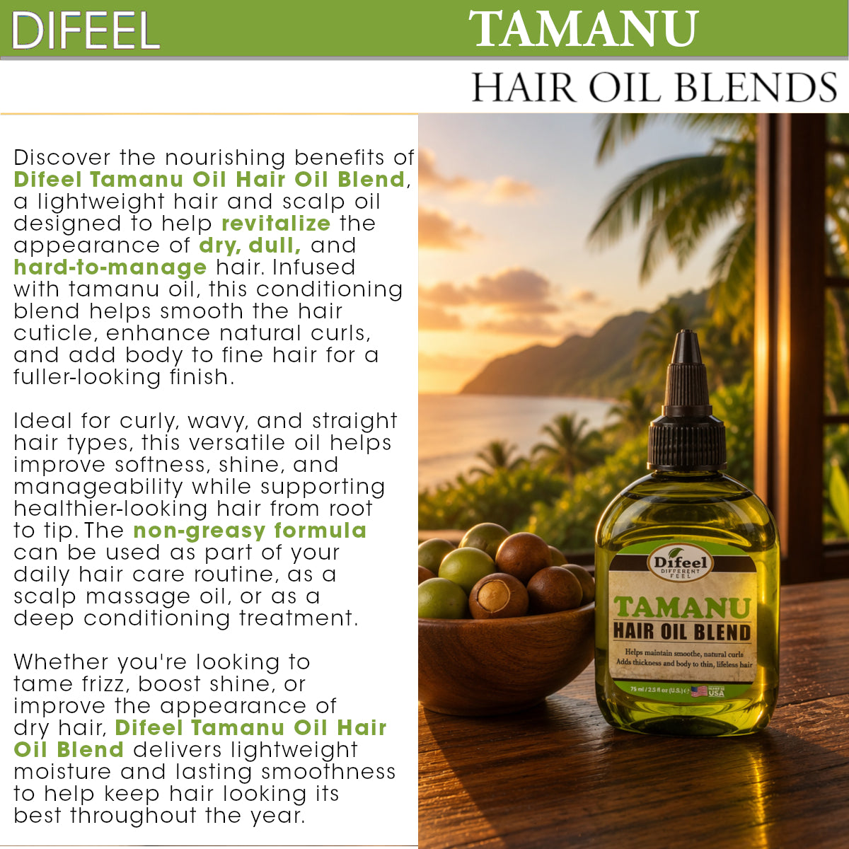 Difeel Premium Natural Hair Oil - Tamanu Oil 2.5 oz. (PACK OF 2)
