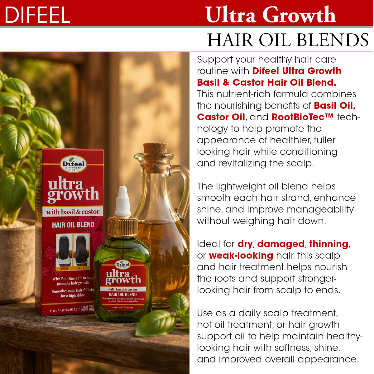 Difeel Ultra Growth Basil & Castor Hair Oil Blend for Growth - Travel Size 2.5 oz.