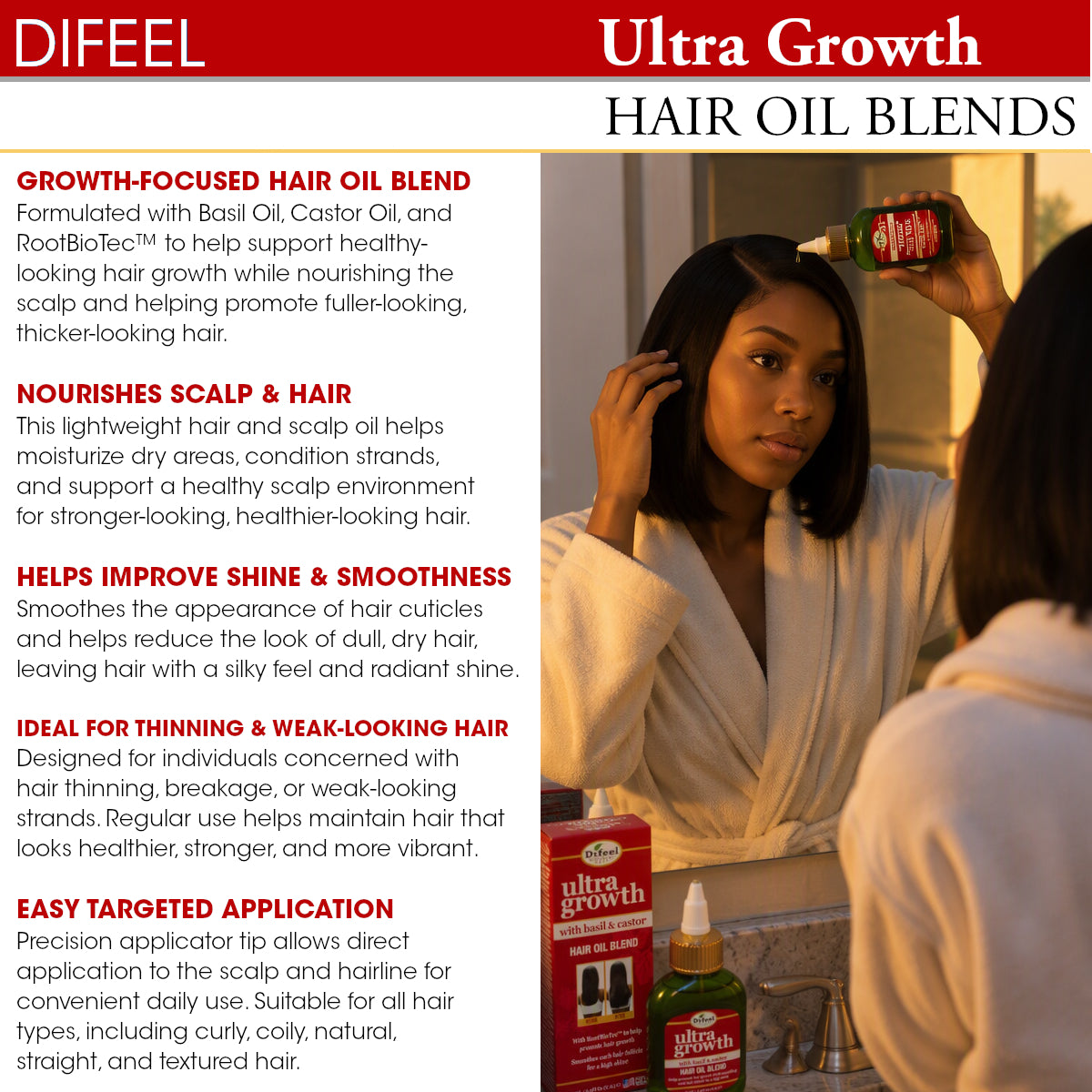 Difeel Ultra Growth Basil & Castor Hair Oil Blend for Growth - Travel Size 2.5 oz.
