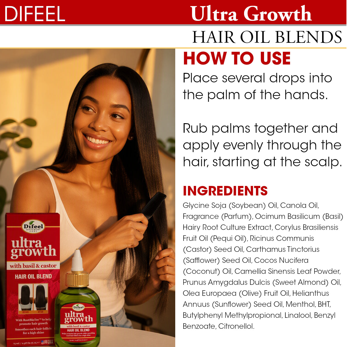 Difeel Ultra Growth Basil & Castor Hair Oil Blend for Growth - Travel Size 2.5 oz.