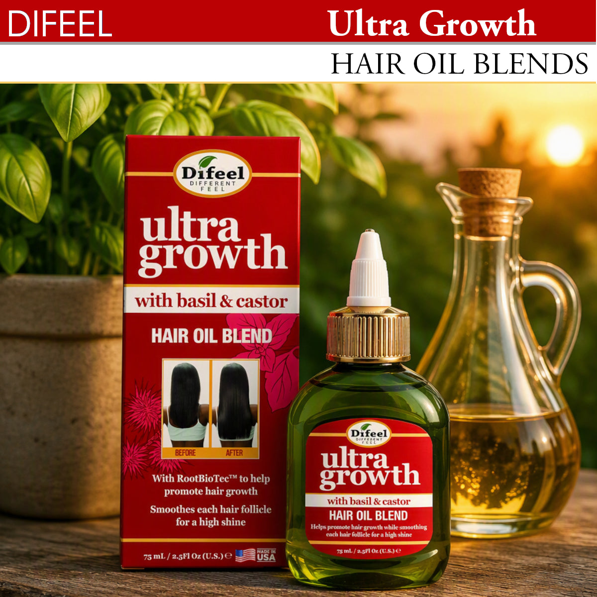Difeel Ultra Growth Basil & Castor Hair Oil Blend for Growth - Travel Size 2.5 oz.