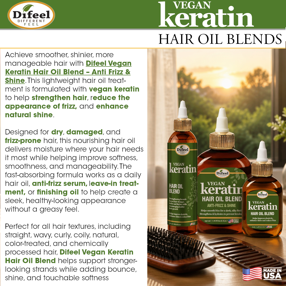Difeel Vegan Keratin Hair Oil Blend - Anti Frizz & Shine 7.1 oz. (PACK OF 2)