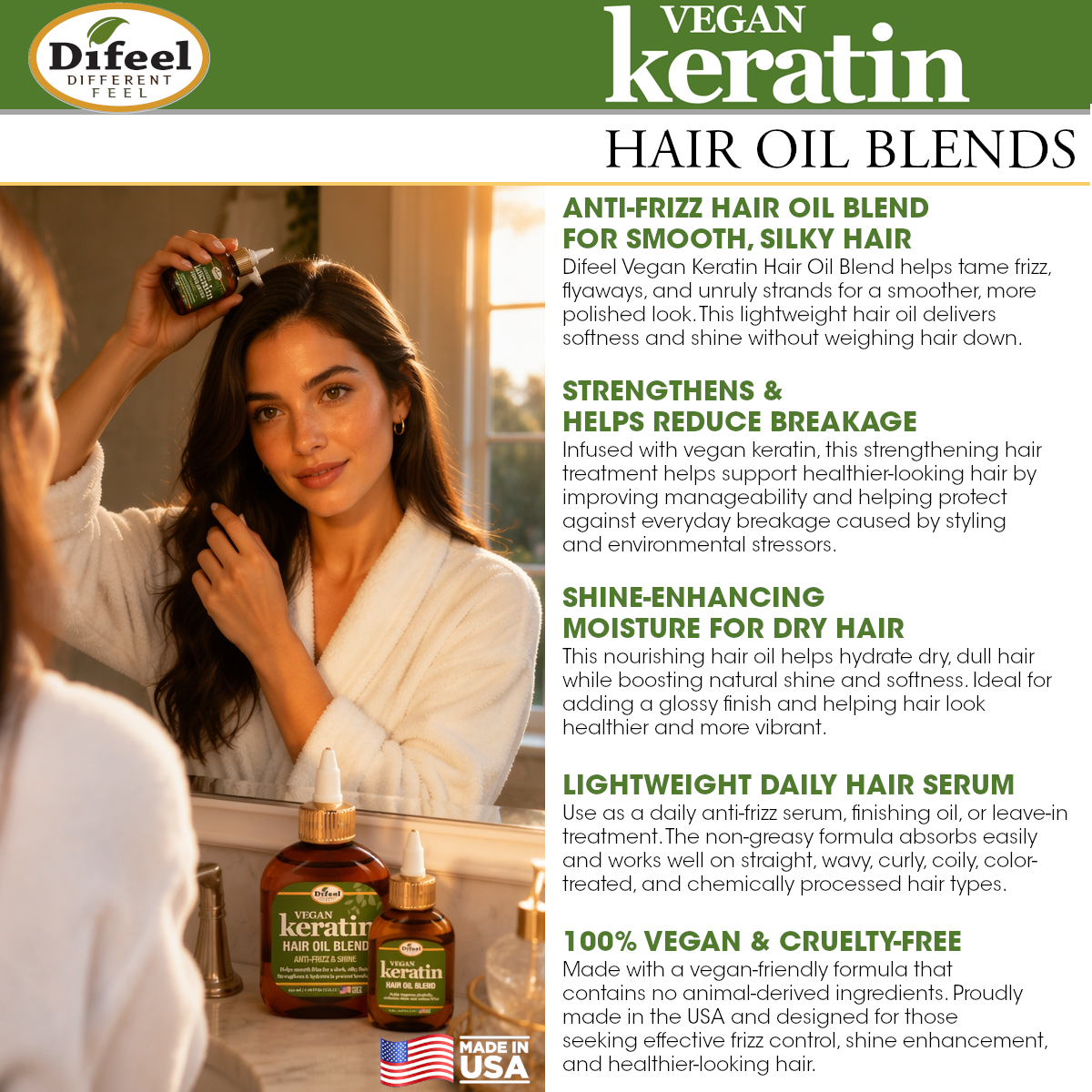 Difeel Vegan Keratin Hair Oil Blend - Anti Frizz & Shine 7.1 oz. (PACK OF 2)