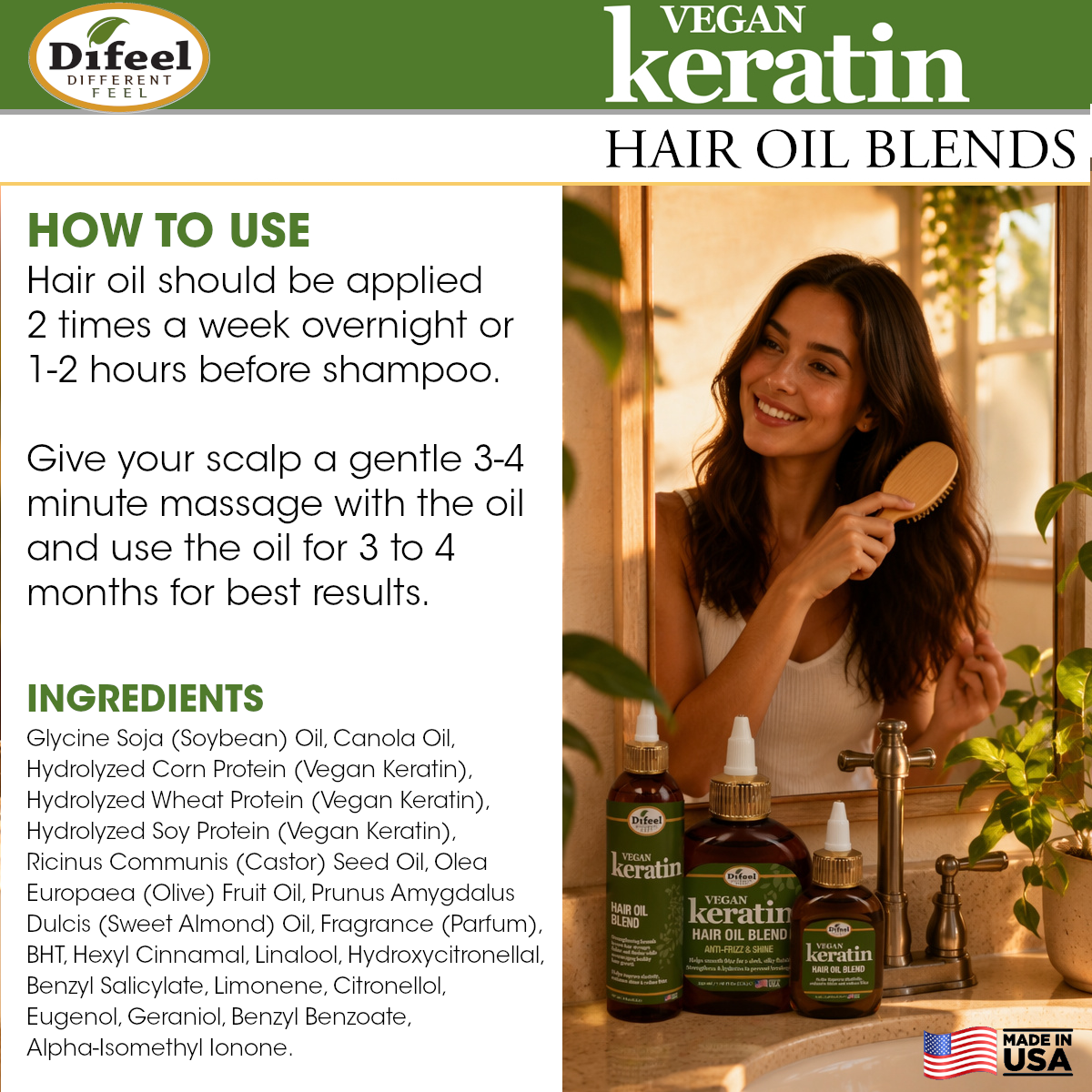 Difeel Vegan Keratin Hair Oil Blend - Anti Frizz & Shine 7.1 oz. (PACK OF 2)