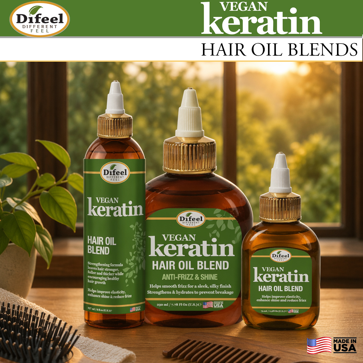 Difeel Vegan Keratin Hair Oil Blend - Anti Frizz & Shine 7.1 oz. (PACK OF 2)
