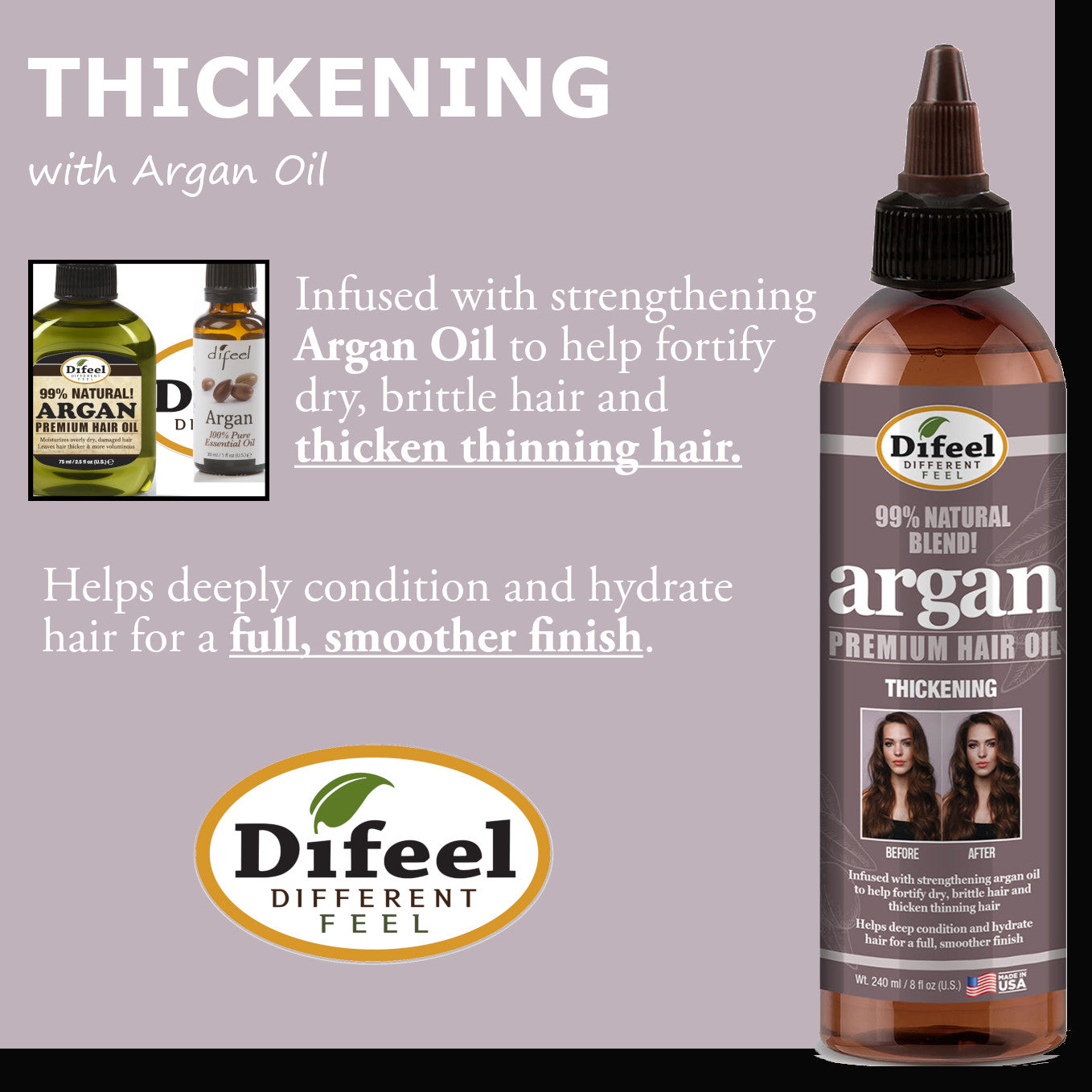 Difeel 99% Premium Natural Hair Oil Blend- Thickening with Argan Oil 8 oz.