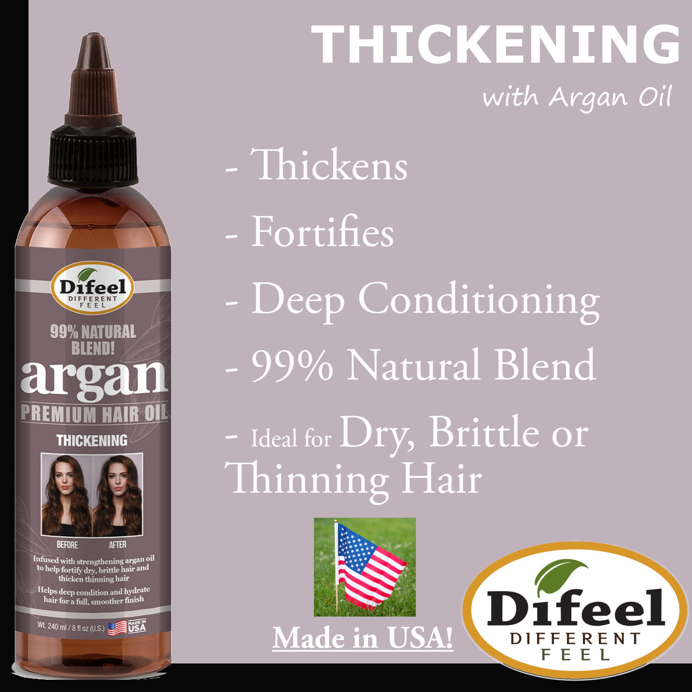 Difeel 99% Premium Natural Hair Oil Blend- Thickening with Argan Oil 8 oz.